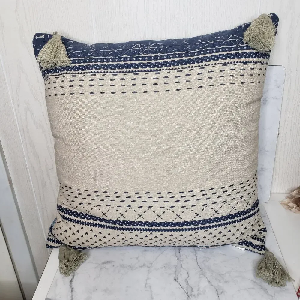 Carol& Frank blue and cream tassel striped printed decorative throw pillow 18X18